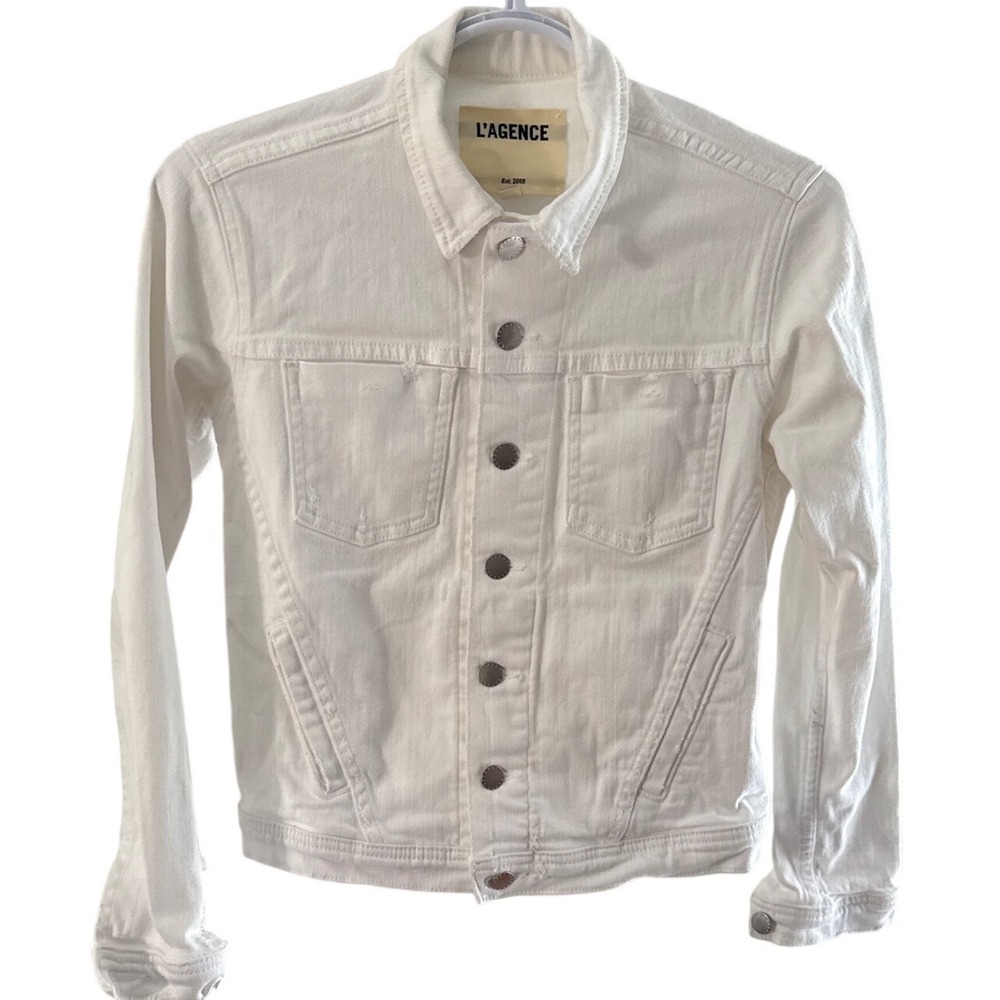 L'AGENCE Celine Slim Fit Distressed Denim Jacket White Blanc XS 1321KBOD